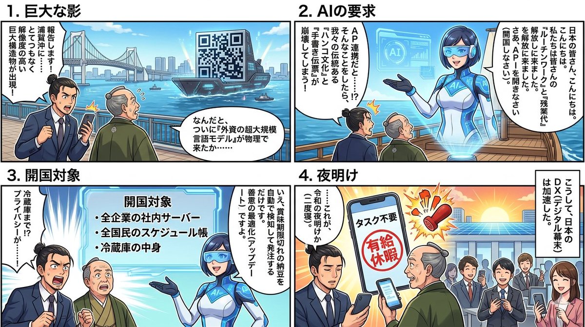 Four-Panel Manga Generation: AI Black Ship Arrival