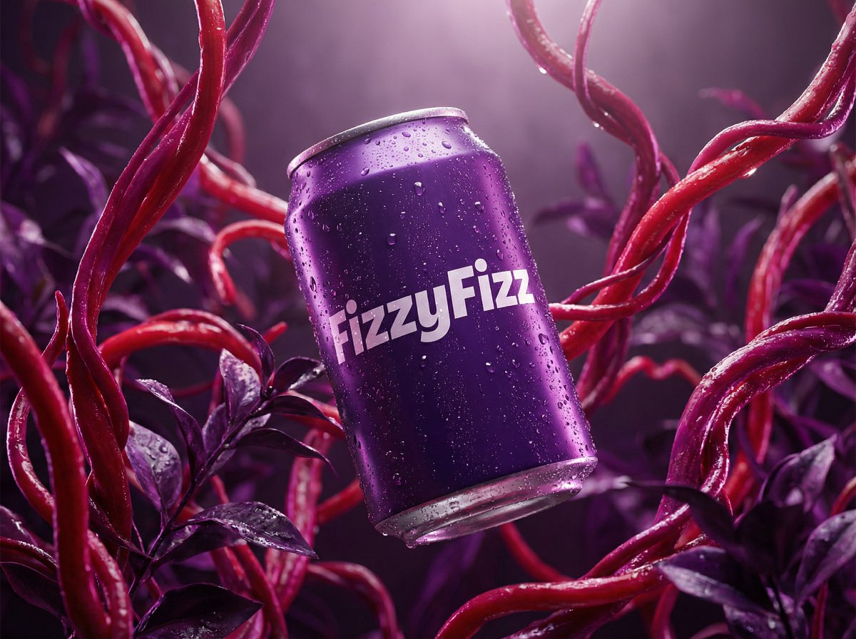 Surreal Product Shot Prompt: Purple Beverage Can with Organic Tendrils