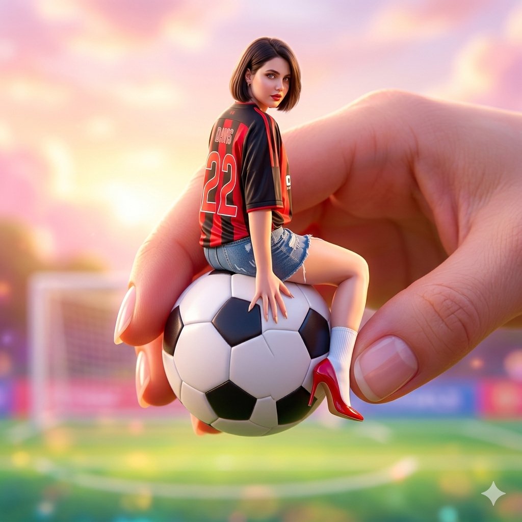Miniature Fashionable Girl on Soccer Ball