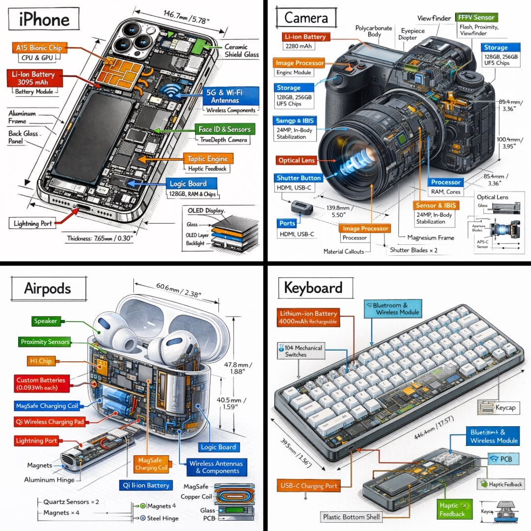 Technical infographic of with a 45-degree isometric 3D perspective