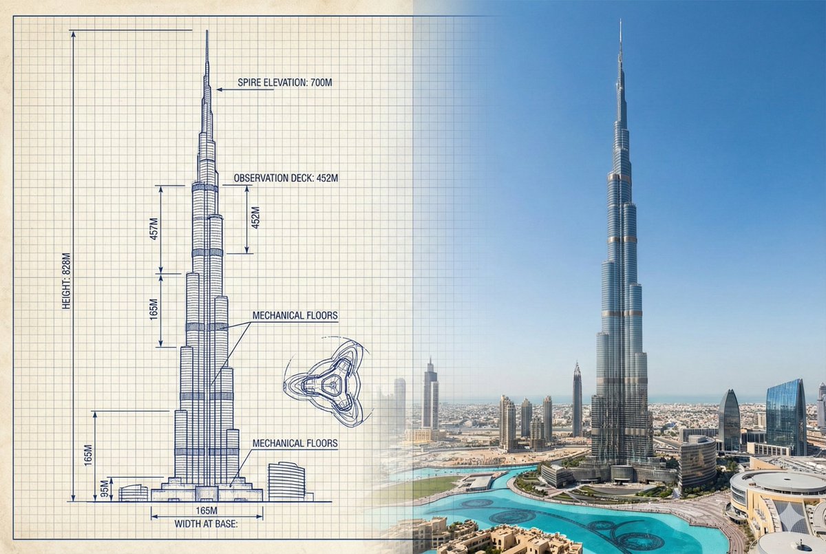 Burj Khalifa Technical Sketch and Real Photo Comparison