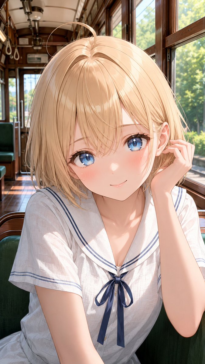 夏日有轨电车上的害羞动漫女孩