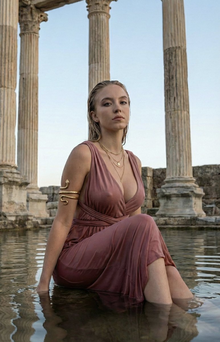 Sydney Sweeney as Modern Aphrodite in Flooded Ruins
