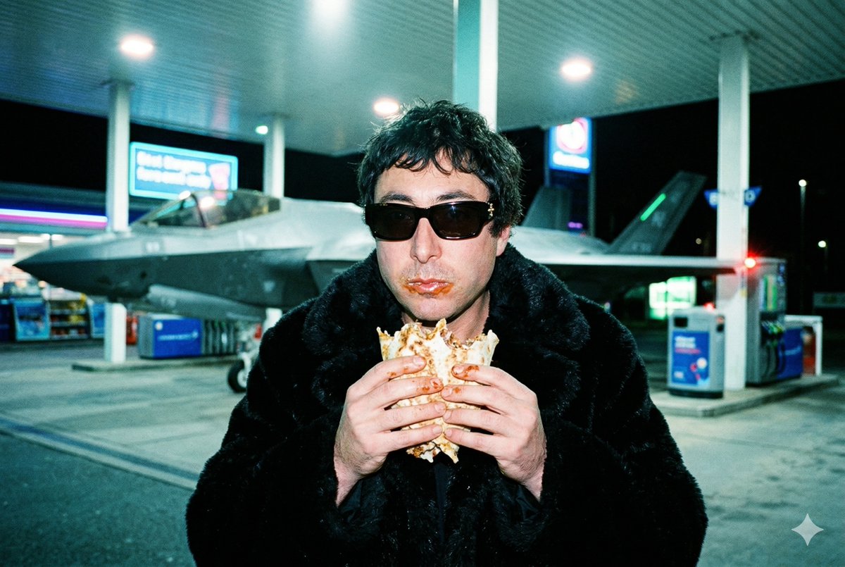 Grainy Paparazzi Snapshot of Man Eating Kebab at Gas Station with F-35 Jet