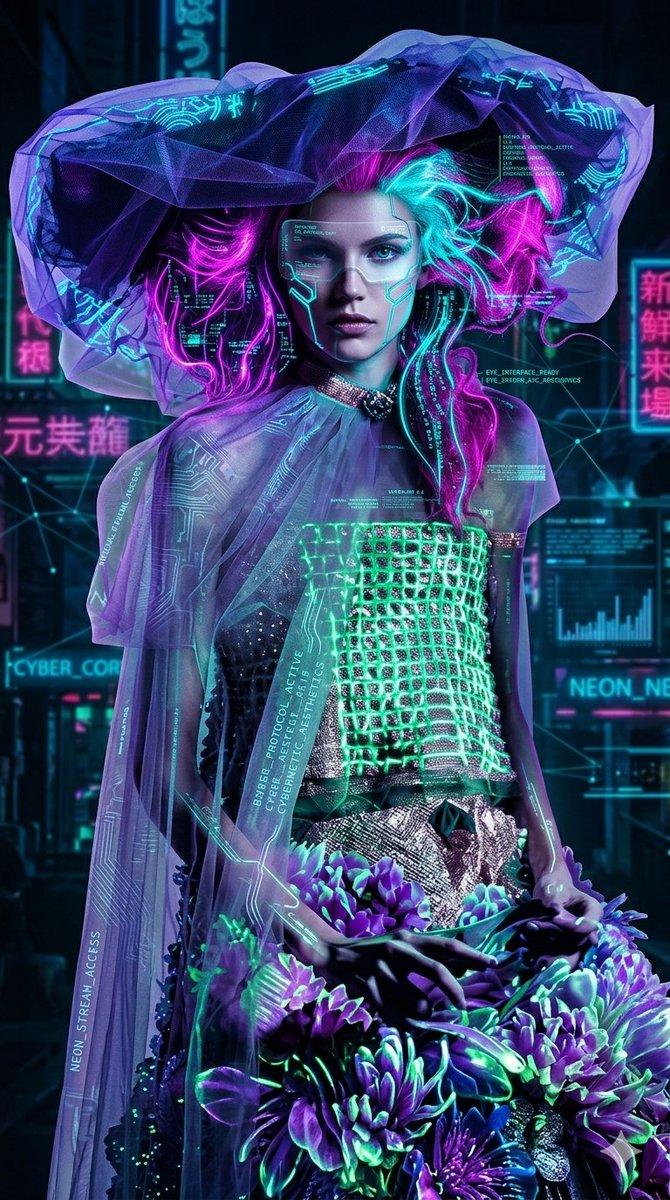 Cyberpunk Neon Floral Portrait
