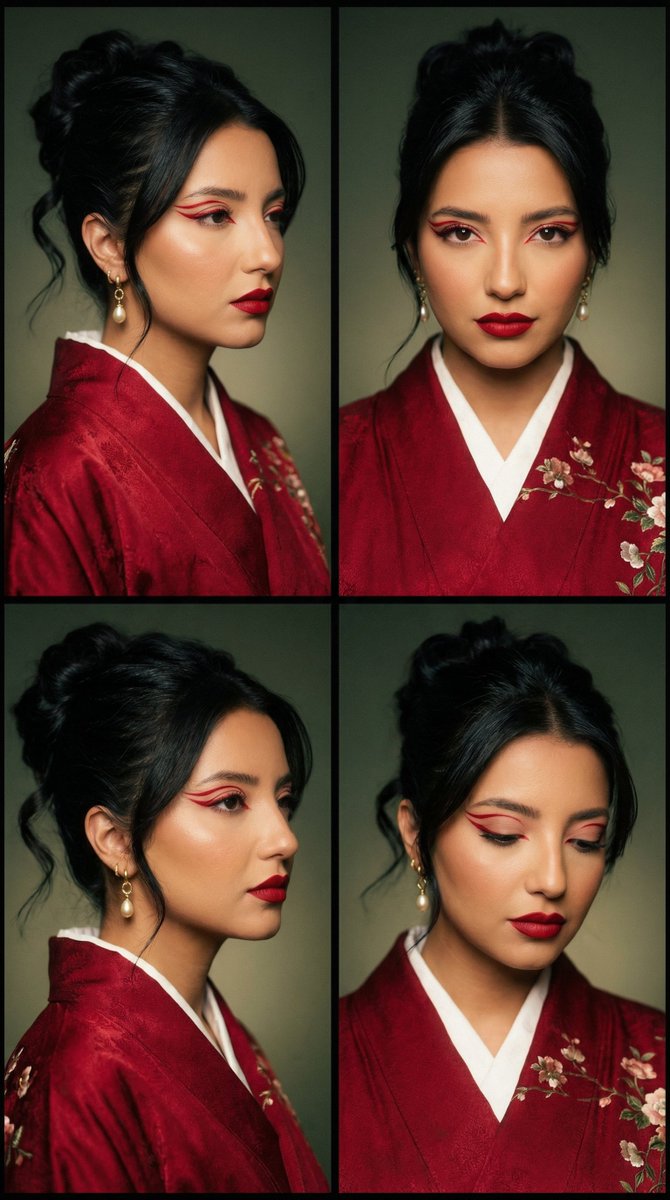 Cinematic Fashion Editorial Grid: Red Kimono & Graphic Liner