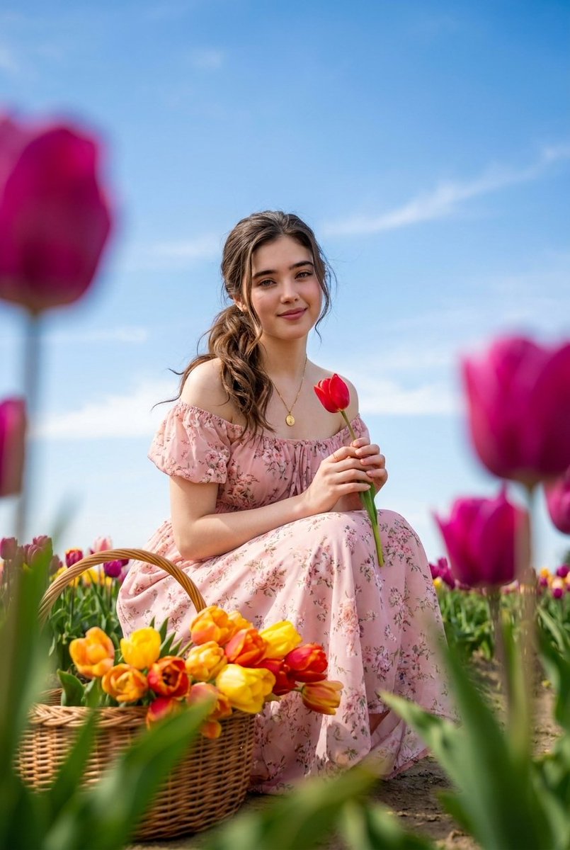 Brunette Woman in Tulip Field Portrait