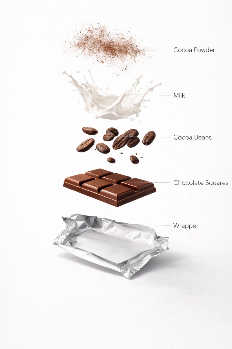 Ultra-Realistic Chocolate Bar Advertising Prompts (Motion and Exploded View)
