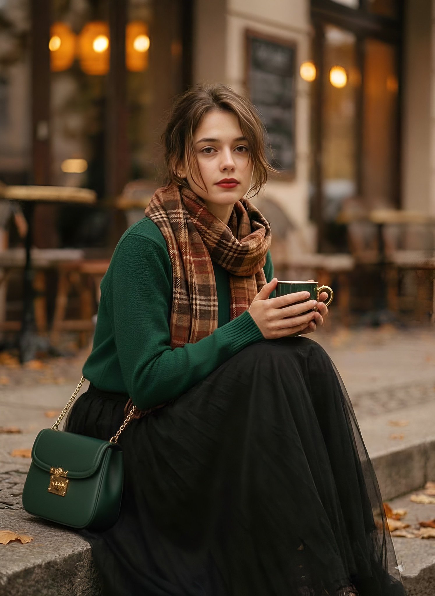 Aesthetic 1970s-inspired fashion portrait of a stylish young woman