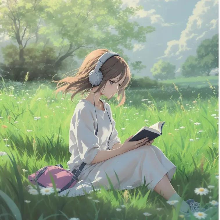 少女动漫插画草地梦幻