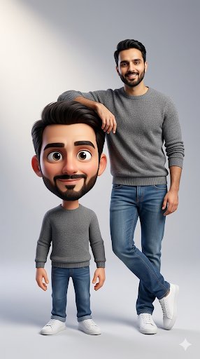 Ultra-Clean Realistic Human and Stylized 3D Caricature Composition Prompt
