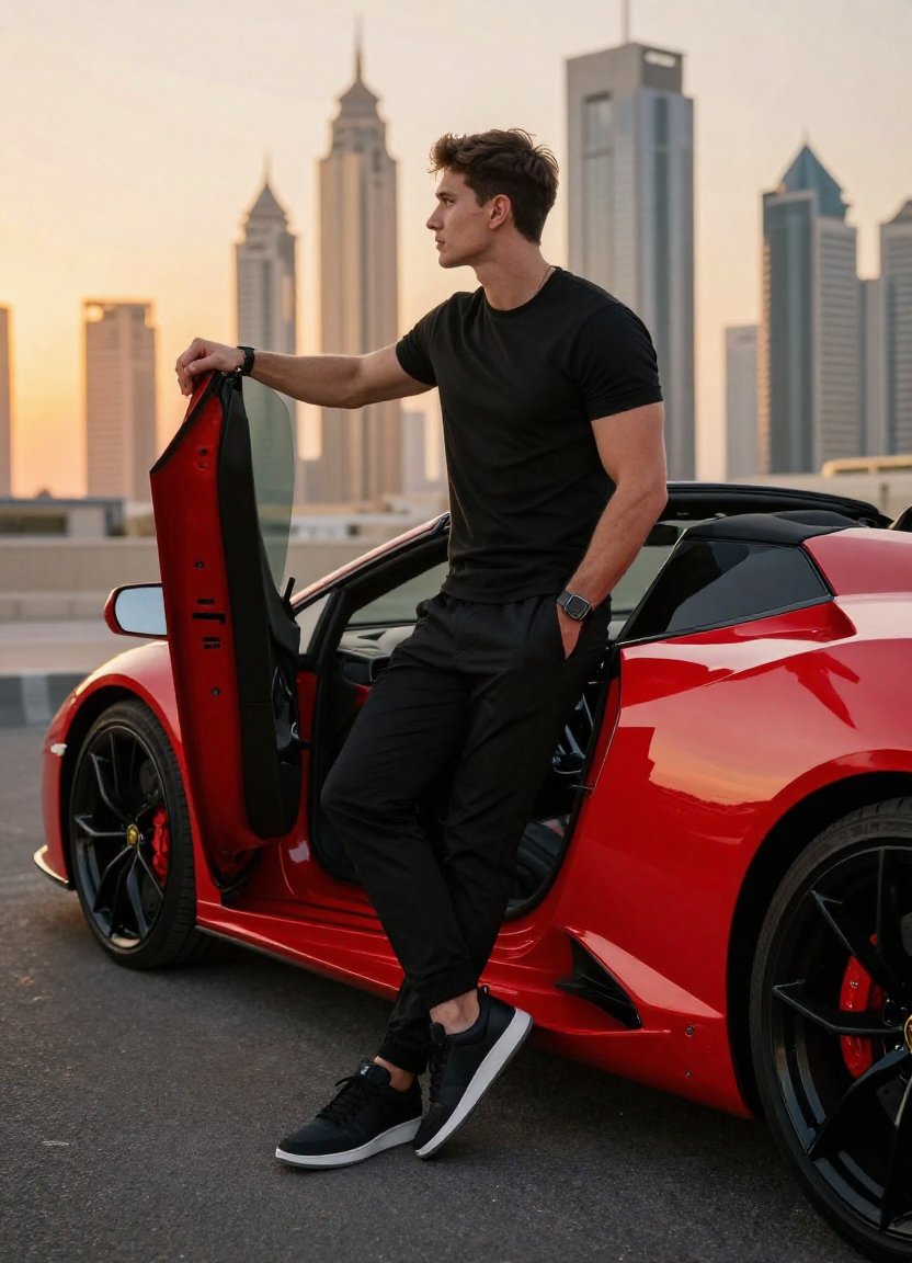 Cinematic Portrait with Lamborghini in Dubai Sunset