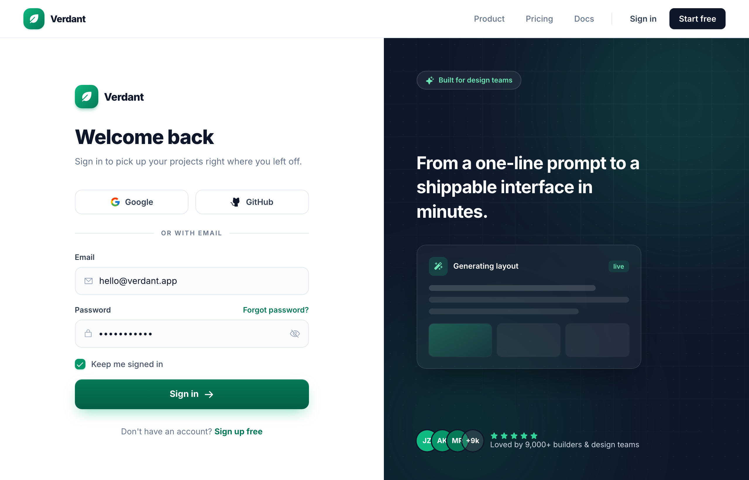 Sign in to Verdant — Classic Split (Emerald)