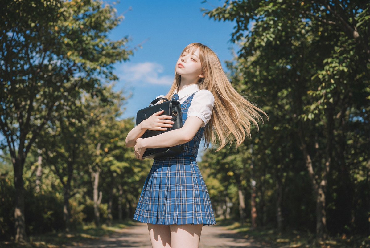 Blonde Girl Walking Down a Tree-Lined Street Video Prompt