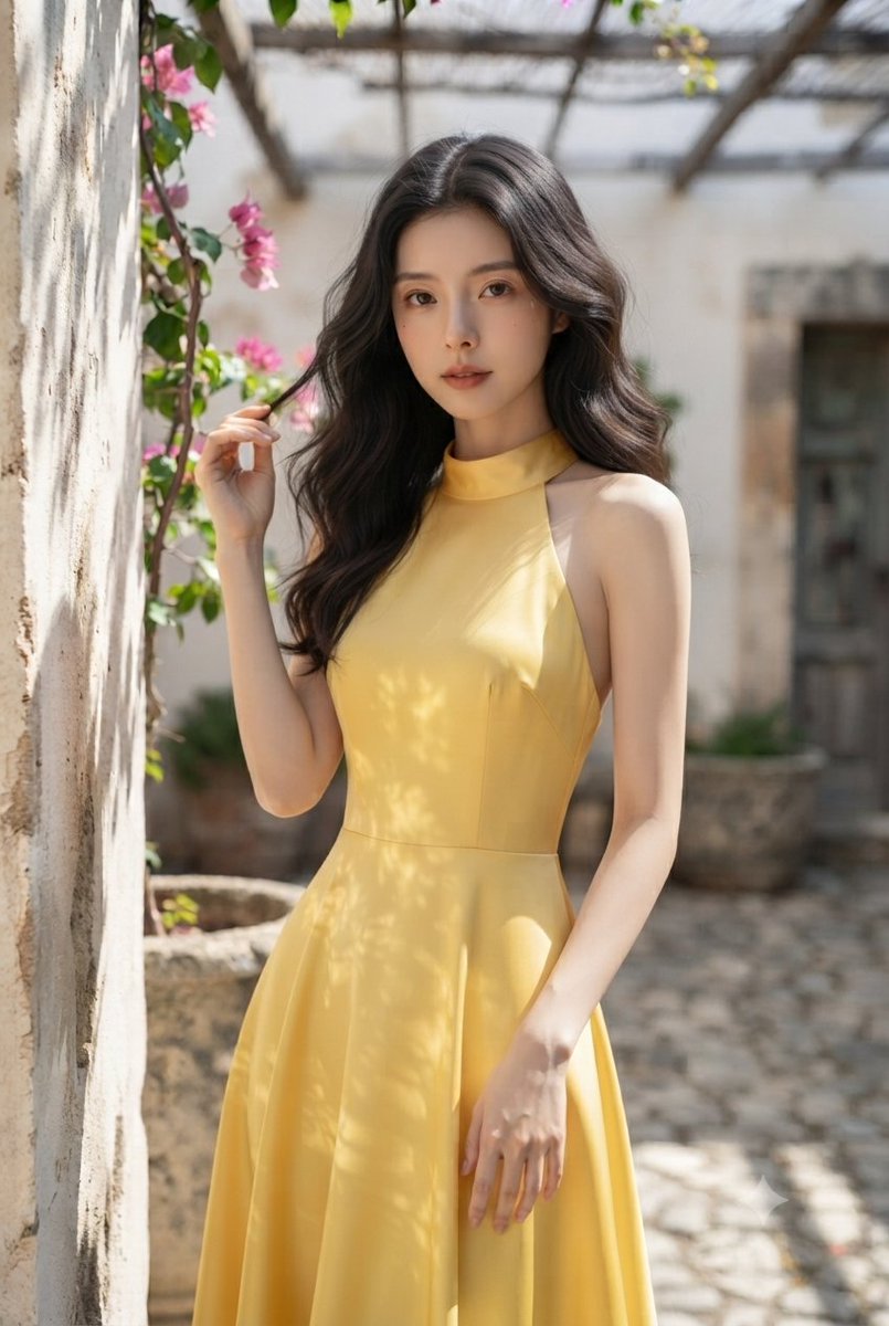 Elegant Woman in Mediterranean Courtyard
