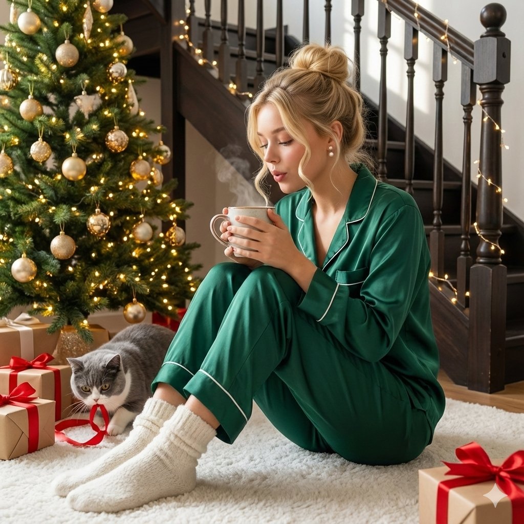 Cozy Christmas Morning Portrait with Cat
