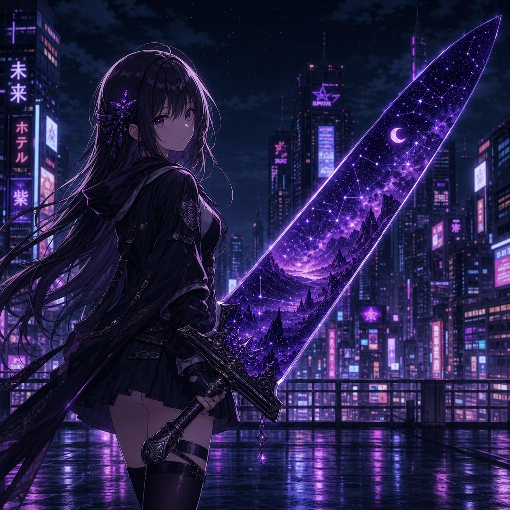 少女动漫插画霓虹夜景可爱