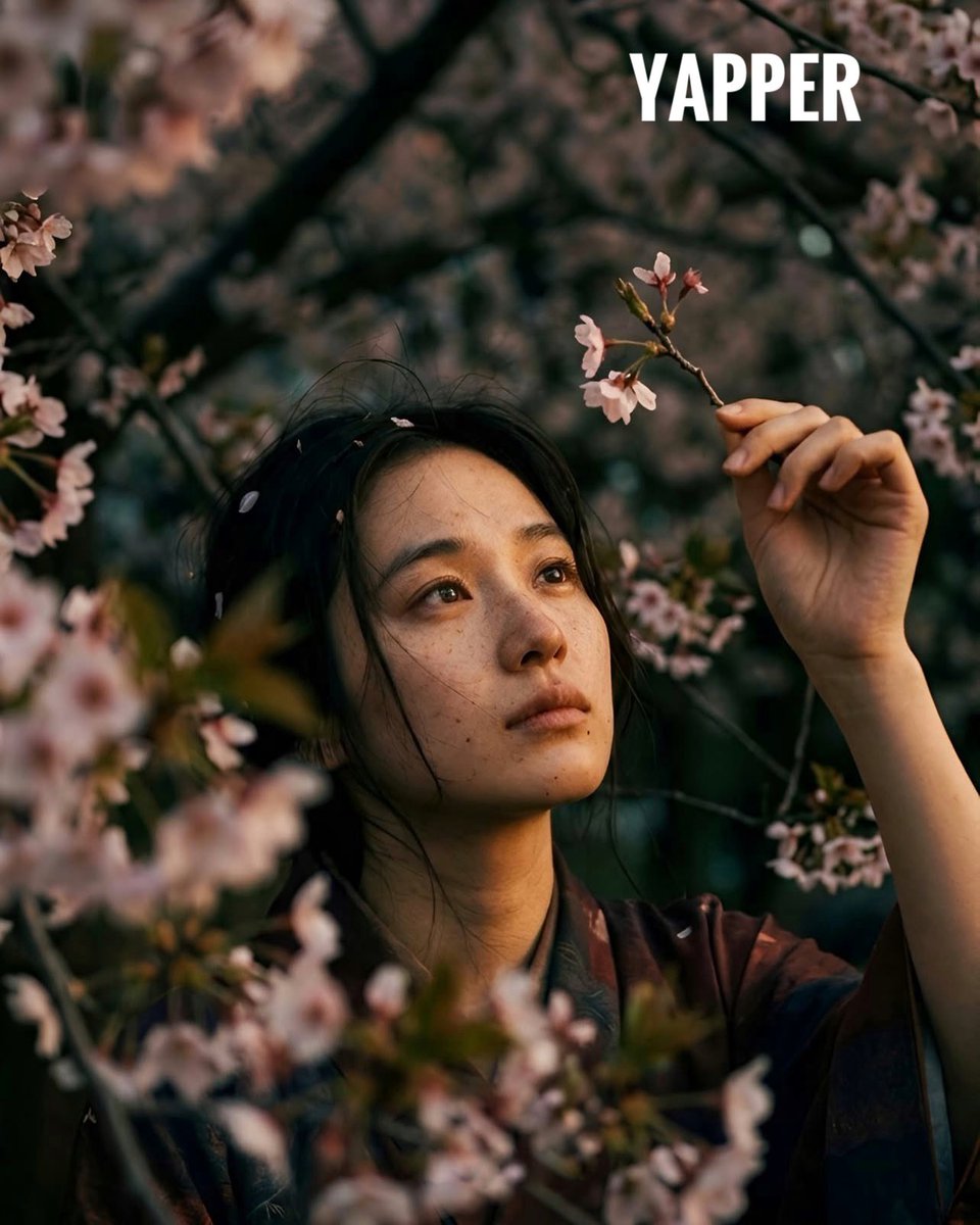 Japanese woman in vintage kimono under cherry blossoms