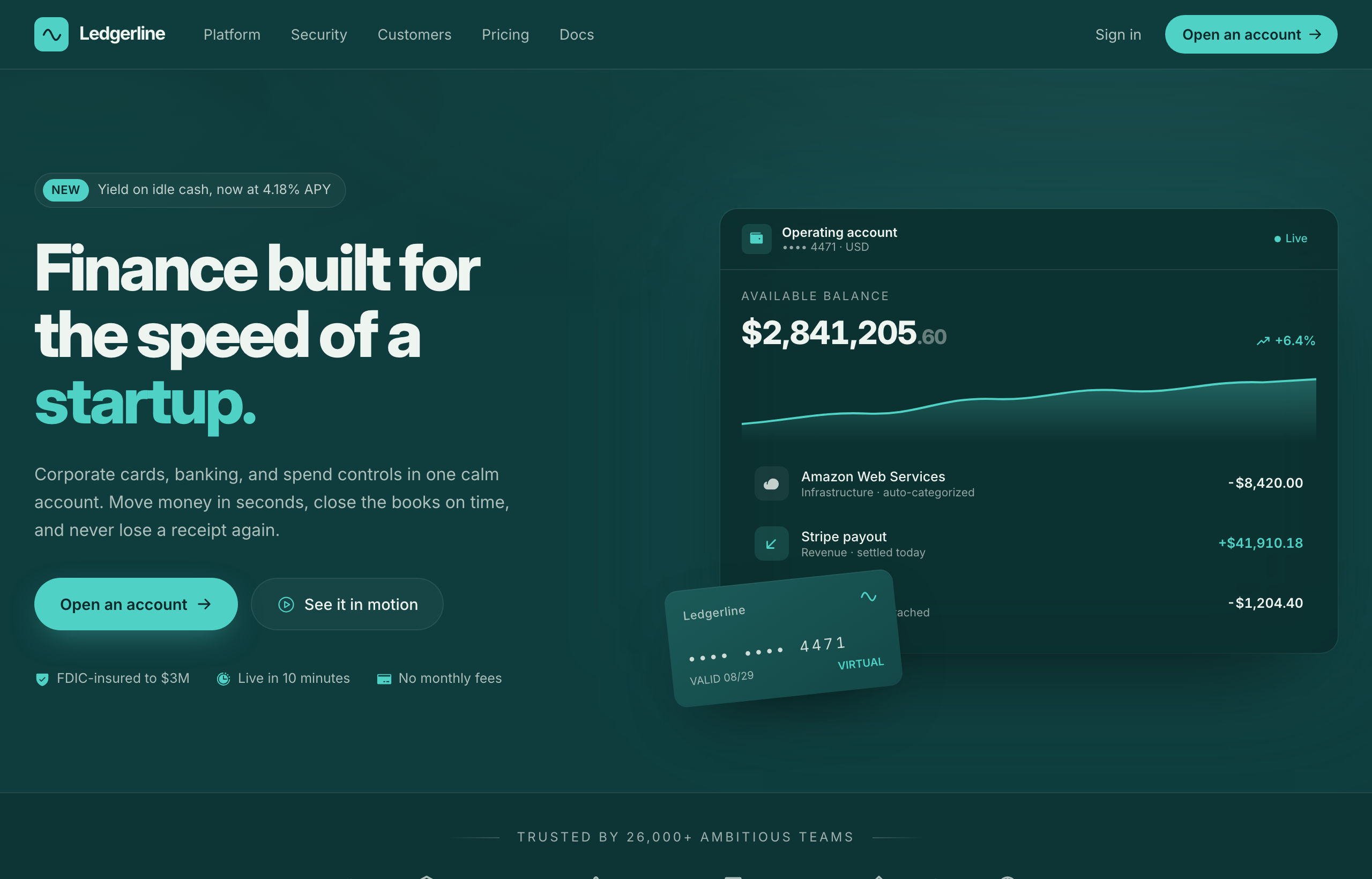 Ledgerline — Deep-Teal + Mint Fintech Startup (Dashboard Hero)