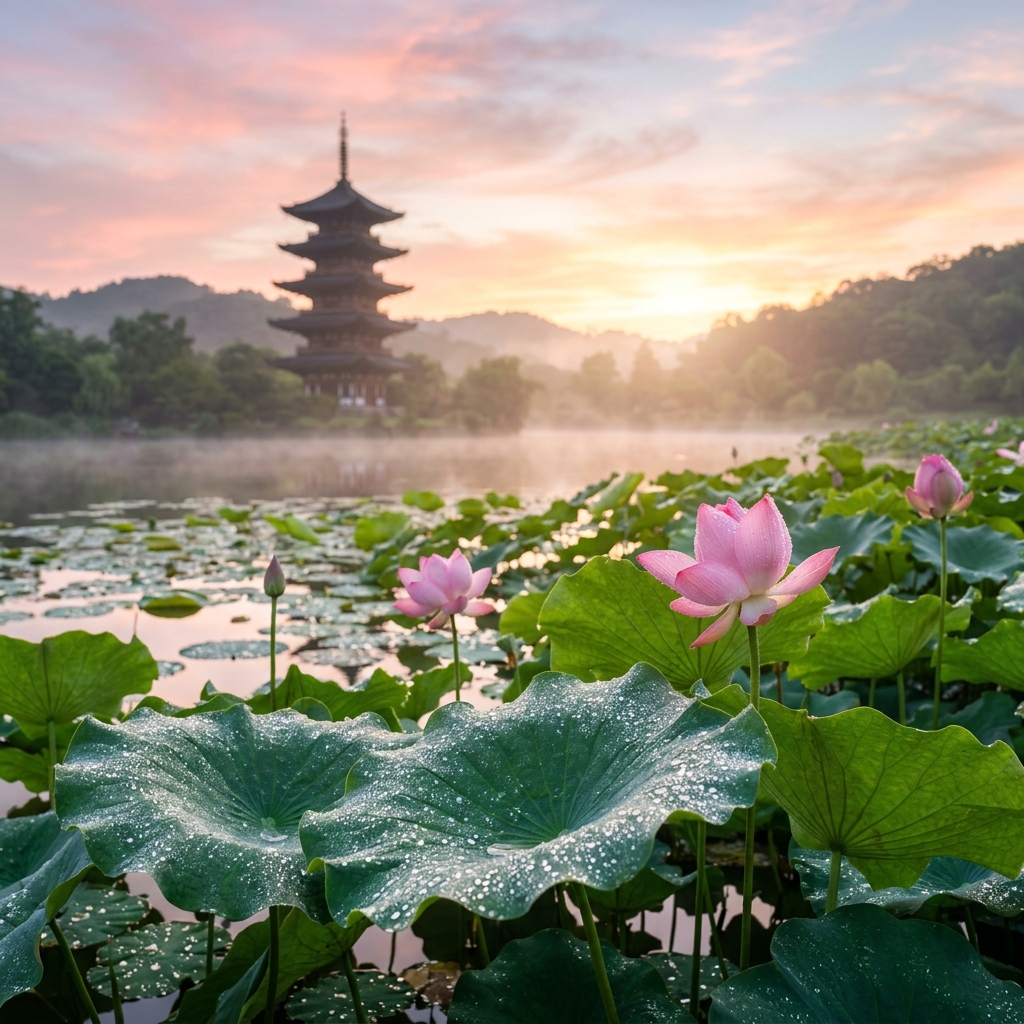 Dewy Lotus Sunrise Landscape