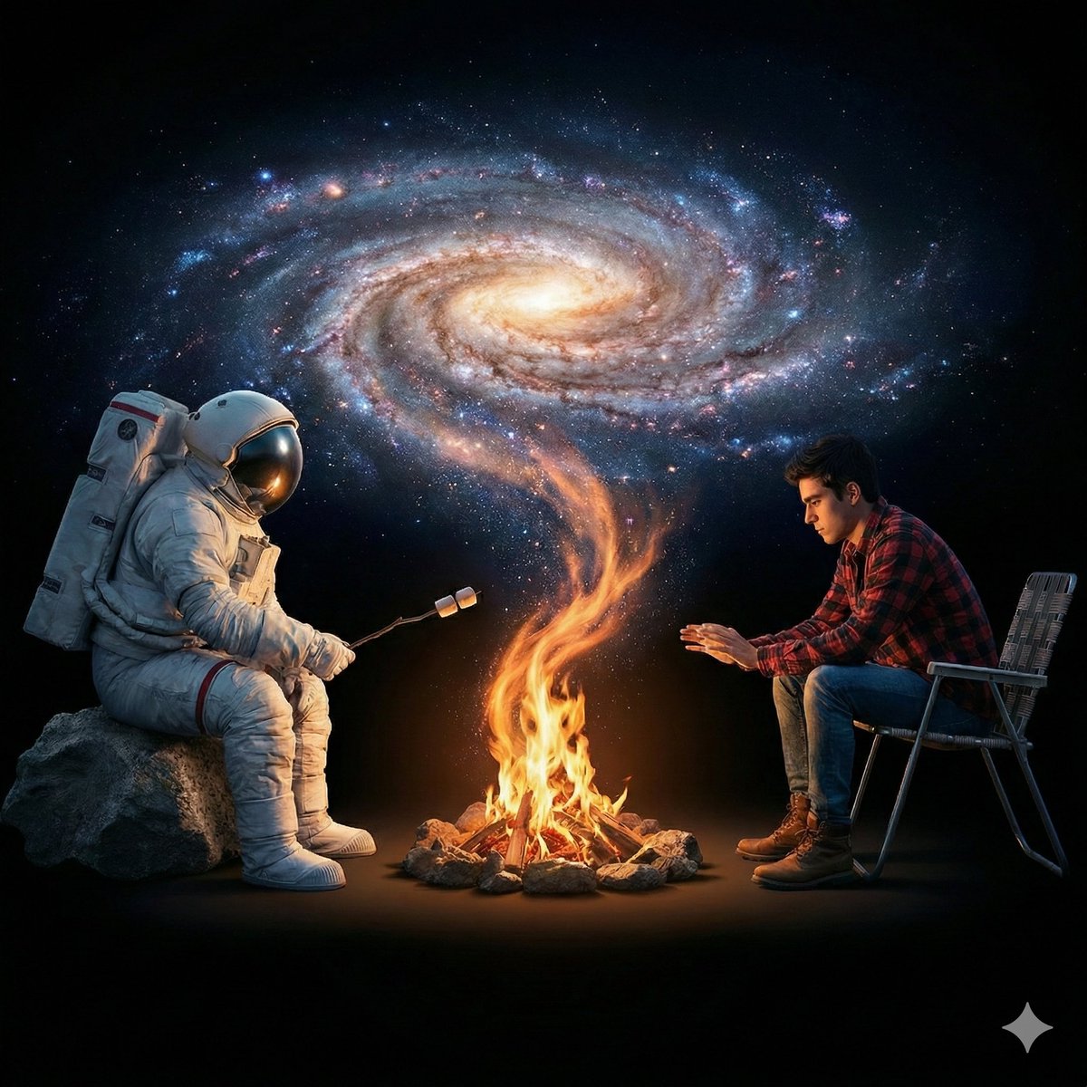 Surreal Cinematic Campfire in Cosmic Void