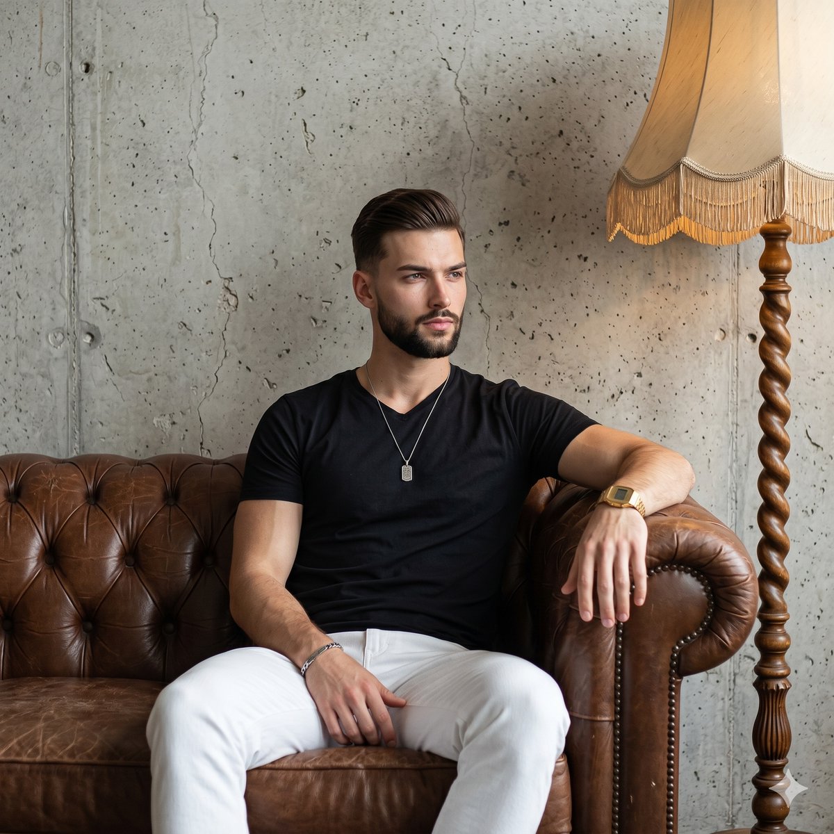 Man on Vintage Leather Sofa