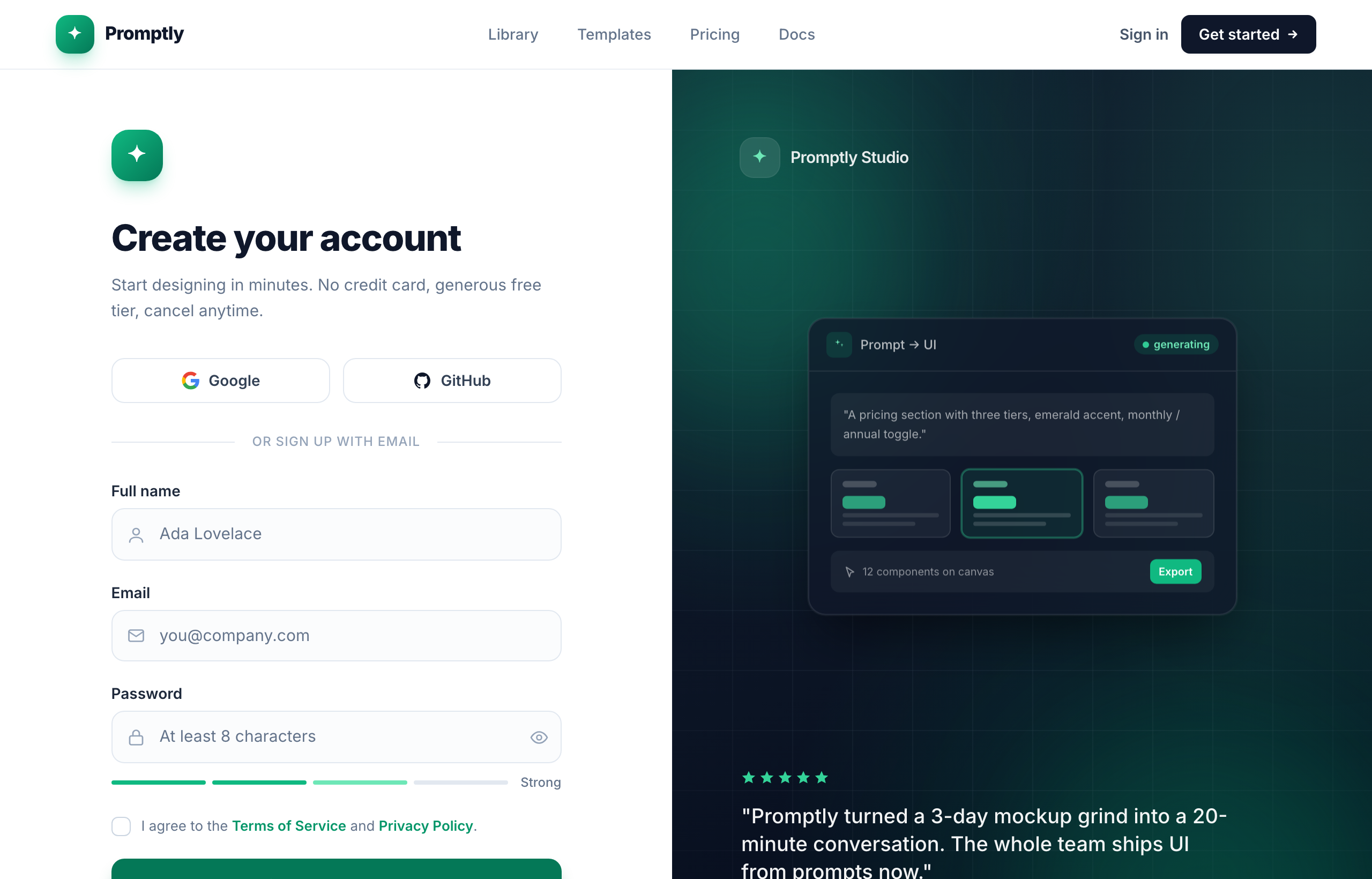 Create your account · Promptly — split-image emerald sign-up
