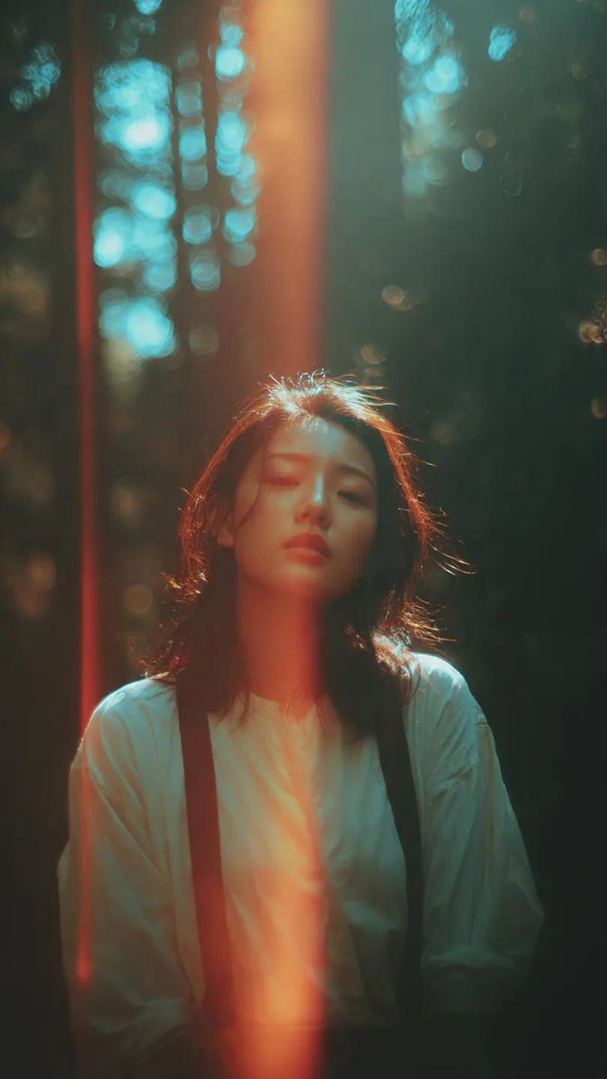 A cinematic portrait of an Asian woman standing in a quiet forest,
