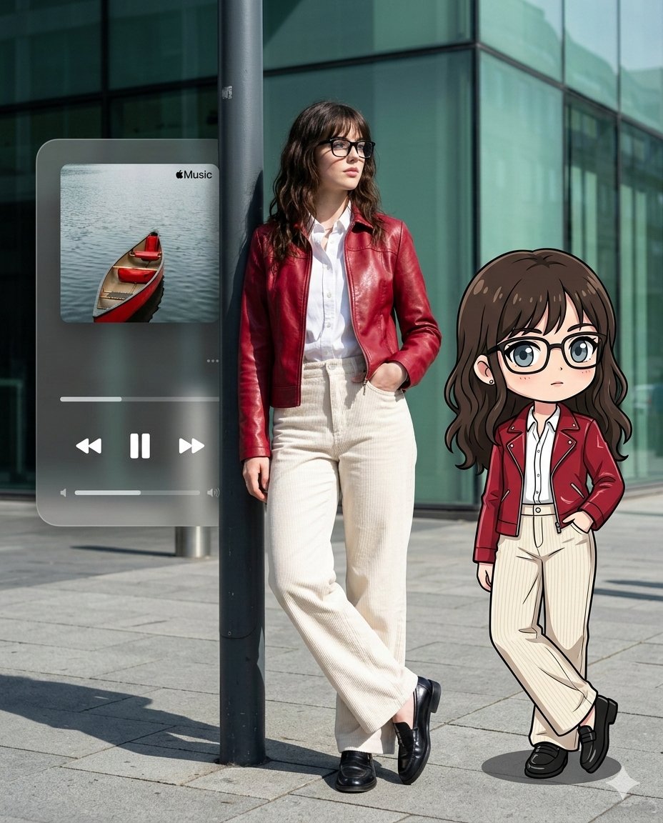 Photorealistic Self-Portrait with Chibi and UI Overlay Prompt