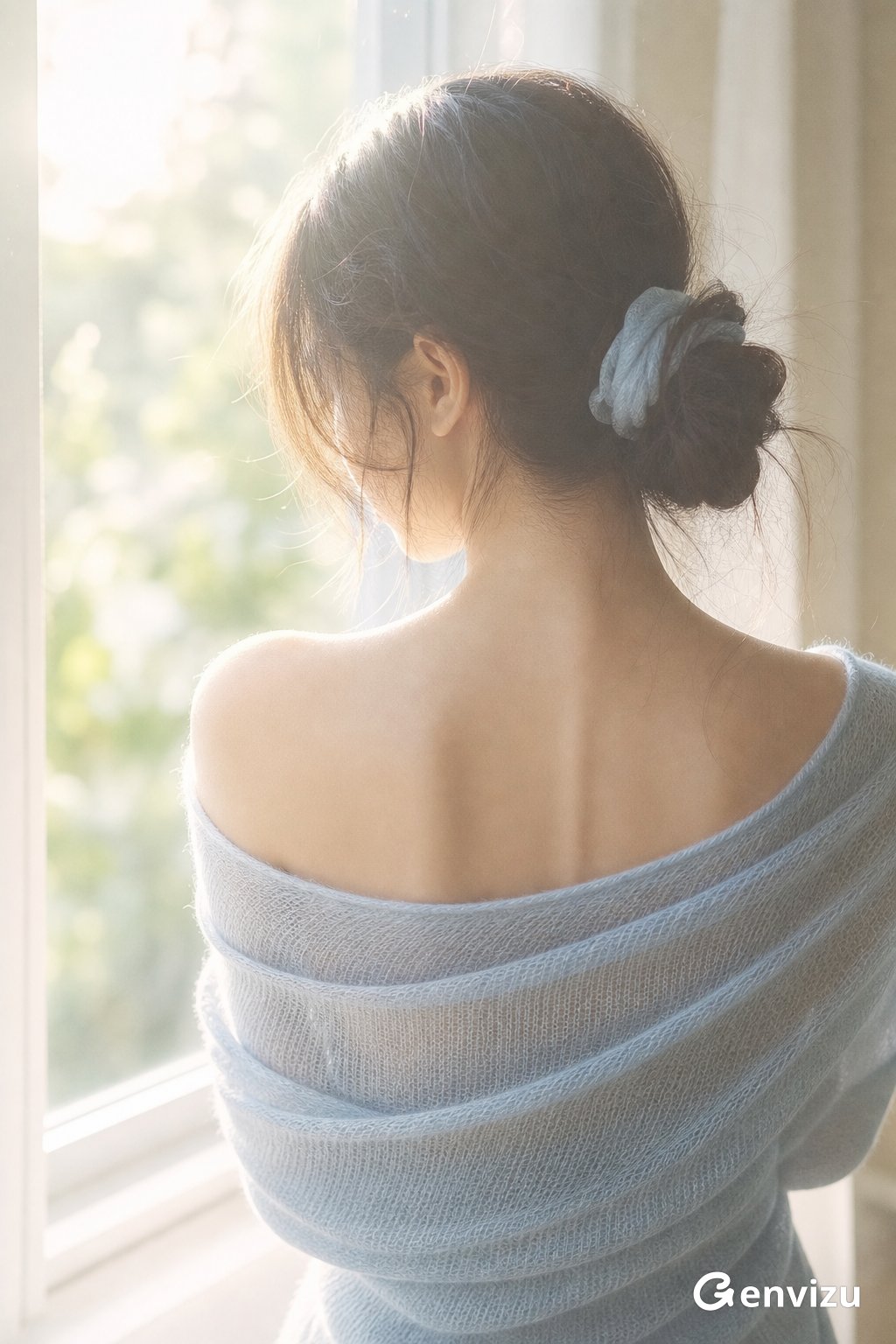 宽松浅雾蓝针织衫女性:写实清晨温暖