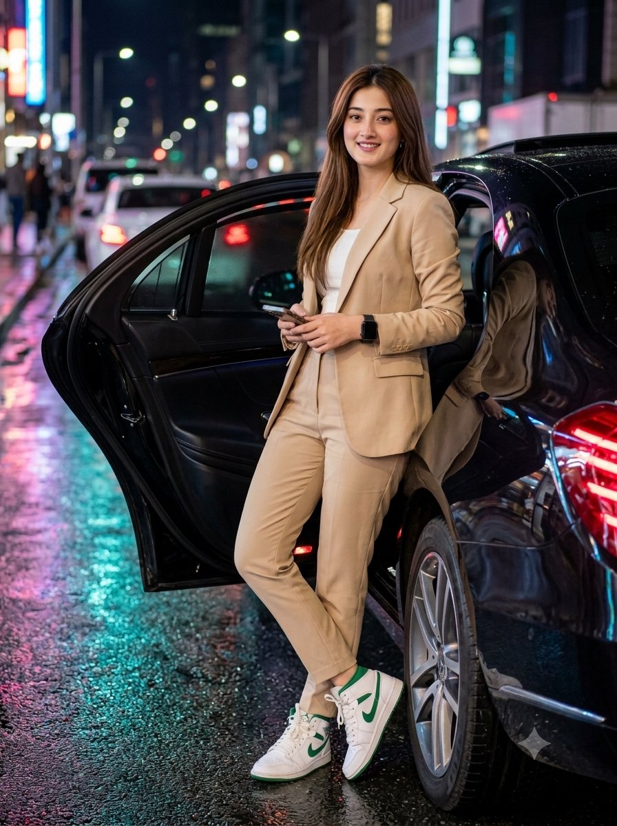 Elegant Woman with Luxury Sedan at Night