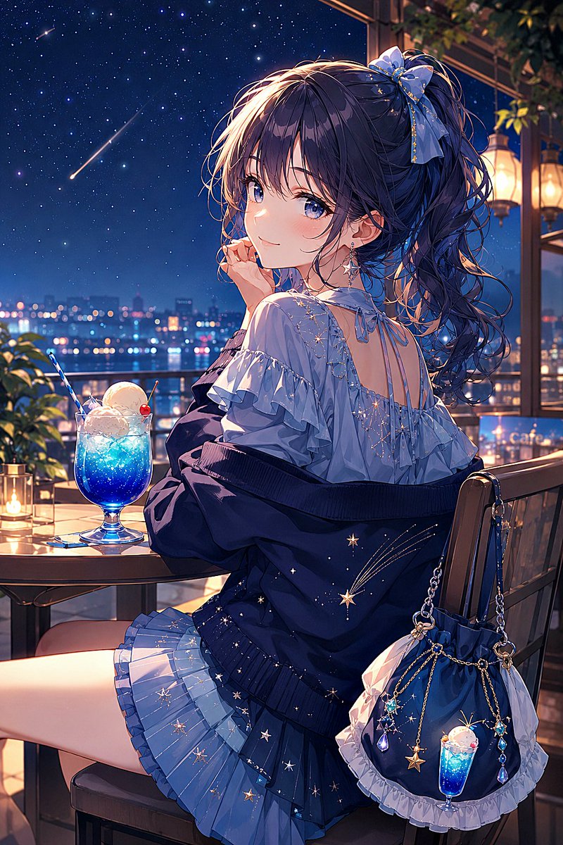女性动漫插画城市星空