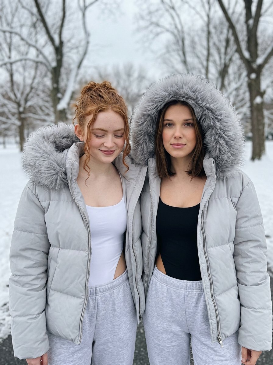Intimate Winter Street Fashion Portrait Prompt (Sadie Sink & Millie Bobby Brown)