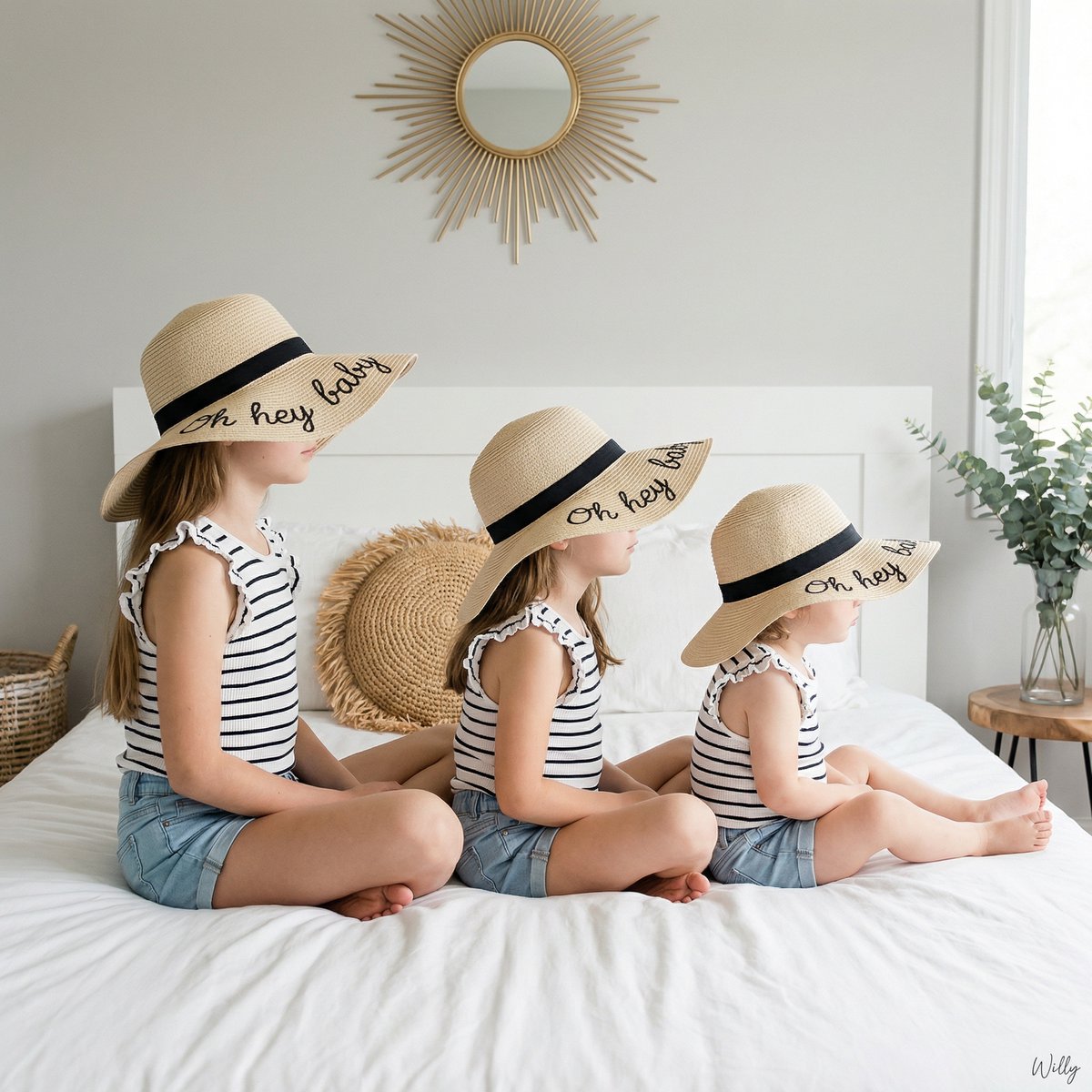 Bohemian Sisters Portrait with Floppy Hats and Signature