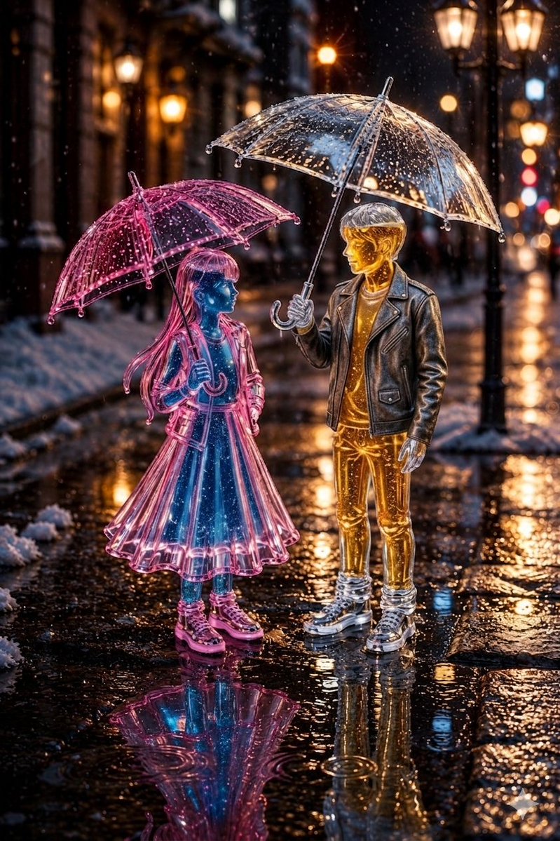 Whimsical Glass Couple in Winter Snowfall