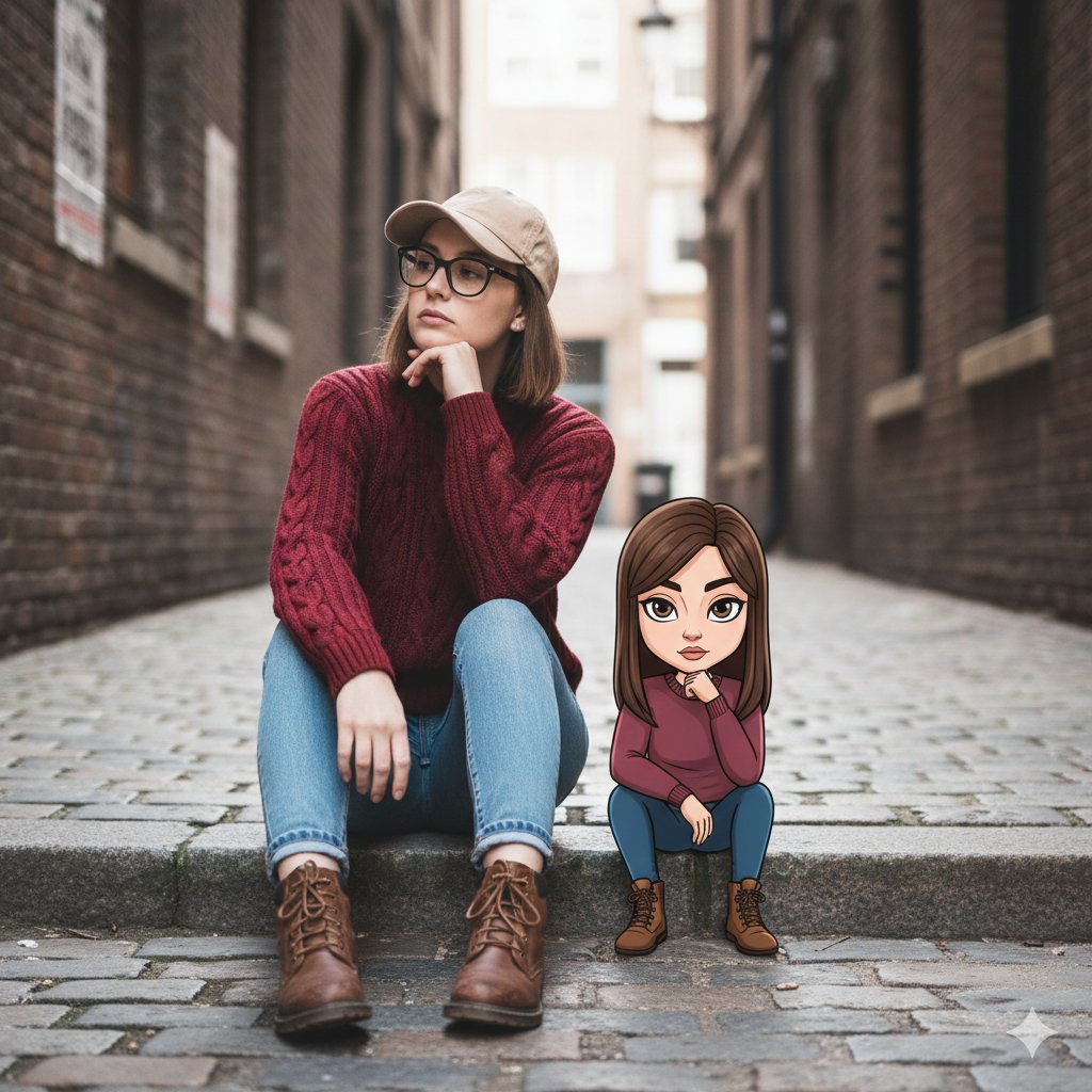 Cinematic Street Portrait with Whimsical Illustrated Avatar