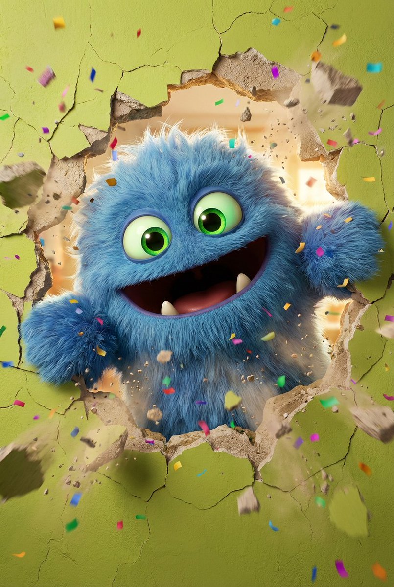 3D Fluffy Monster Bursting Through Wall