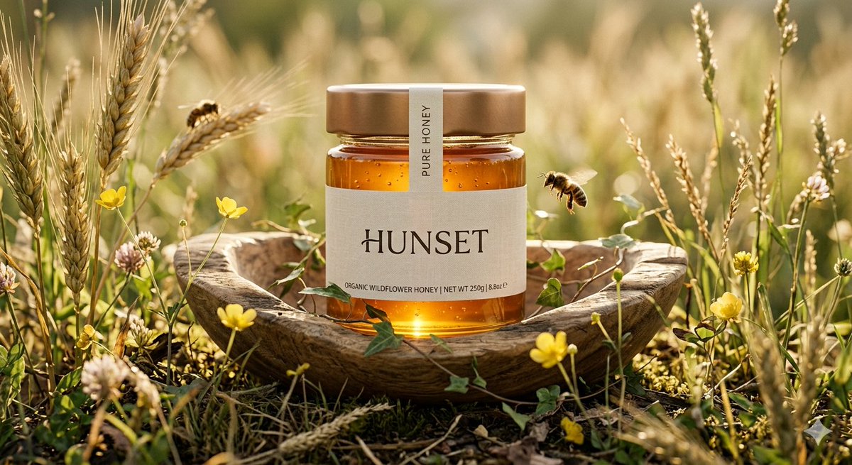 Ultra-realistic cinematic product shot of a premium honey jar placed