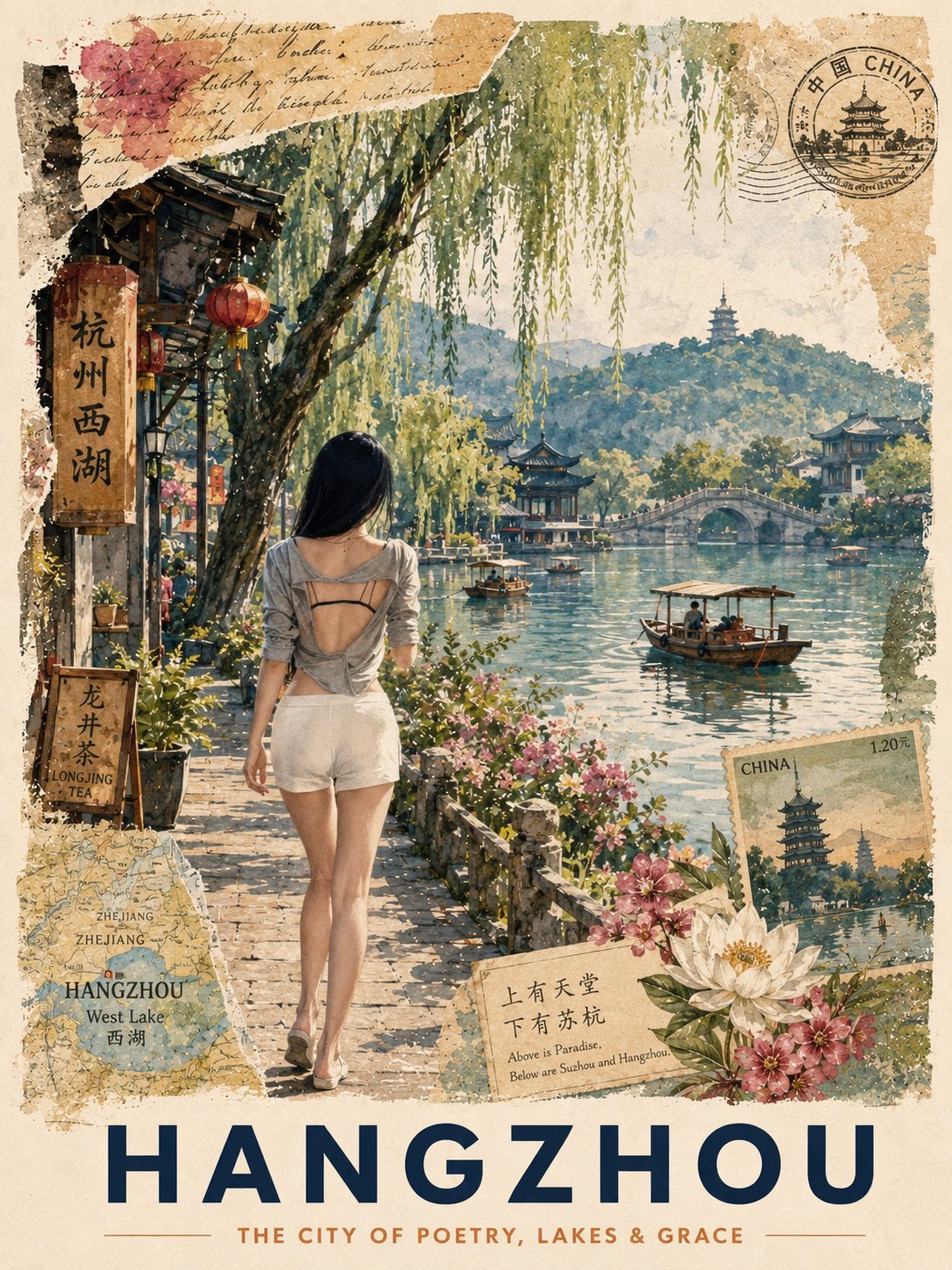 女性插画水彩城市复古氛围感