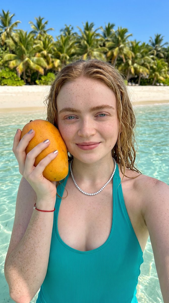 Tropical Beach Mango Selfie Portrait