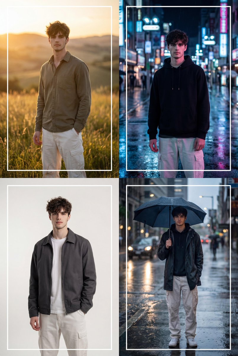 Cinematic 2x2 Grid Portrait with Consistent Identity