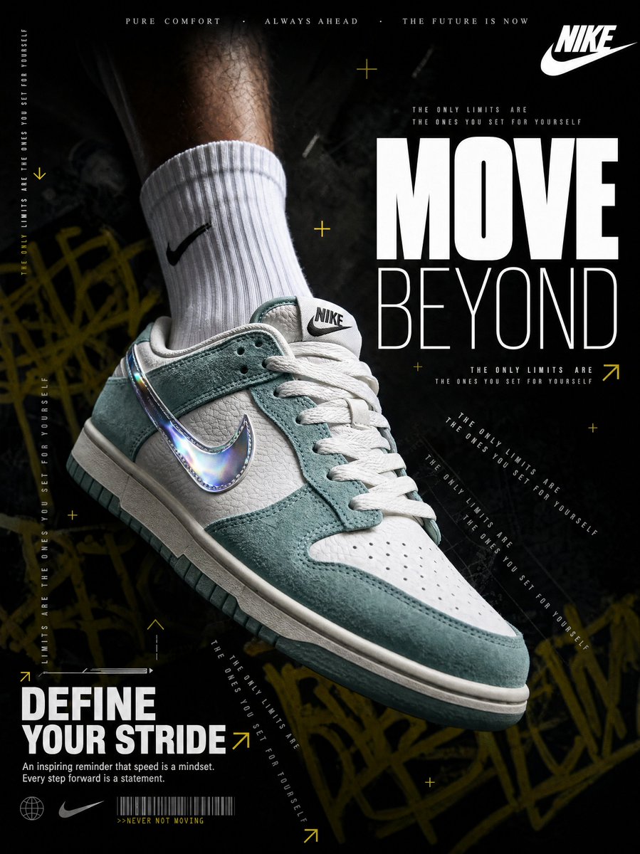 A hyperrealistic Nike sneaker advertisement shot in a dark, moody