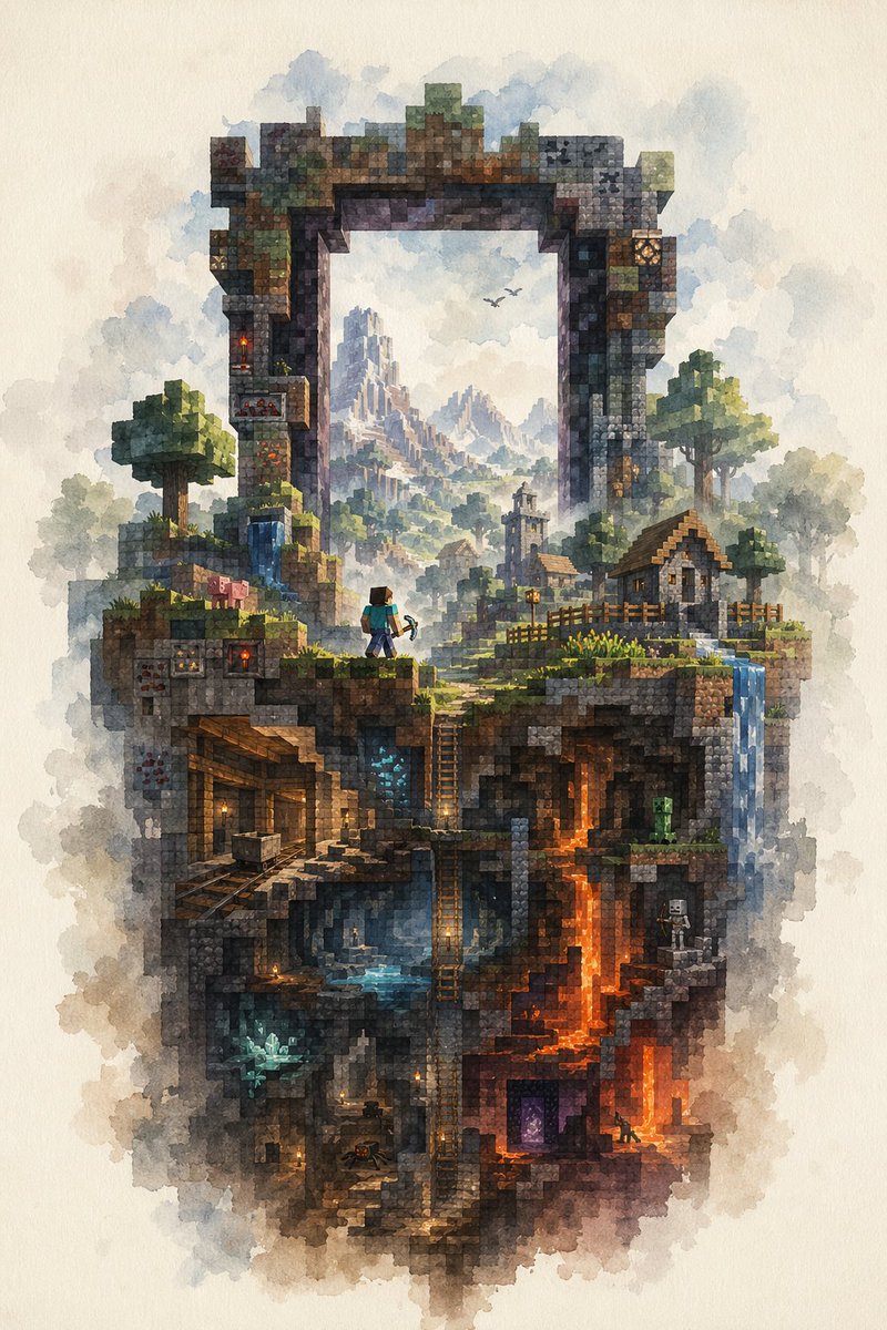 鸟插画水彩废墟山梦幻