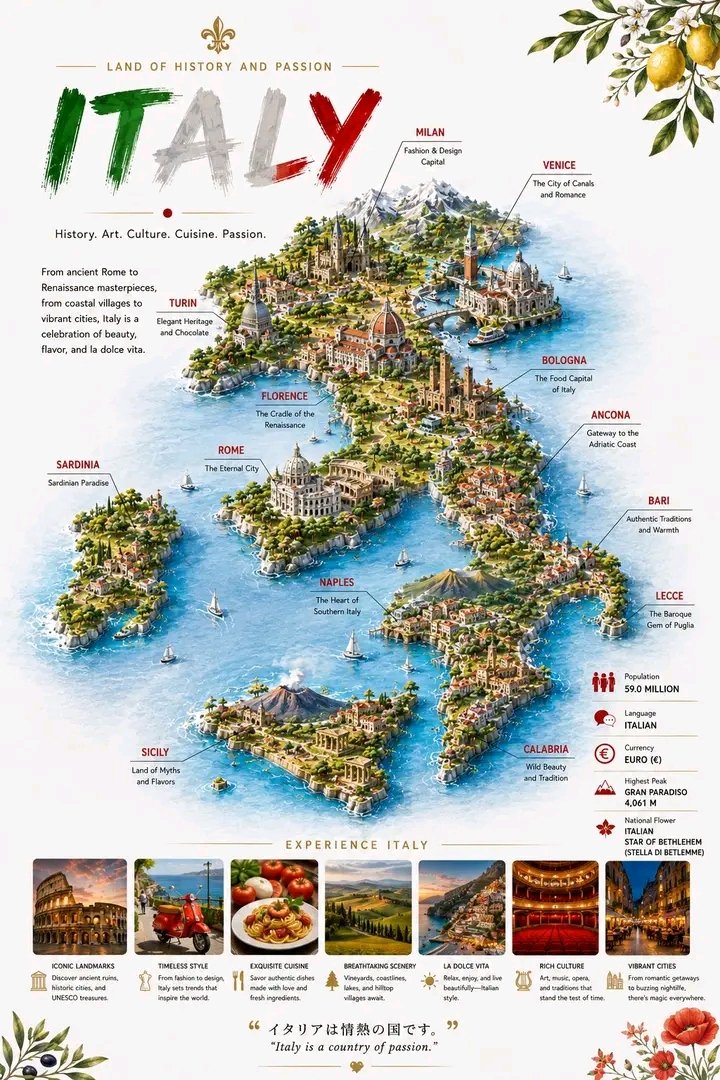 Detailed 3D Travel Infographic Map of Italy