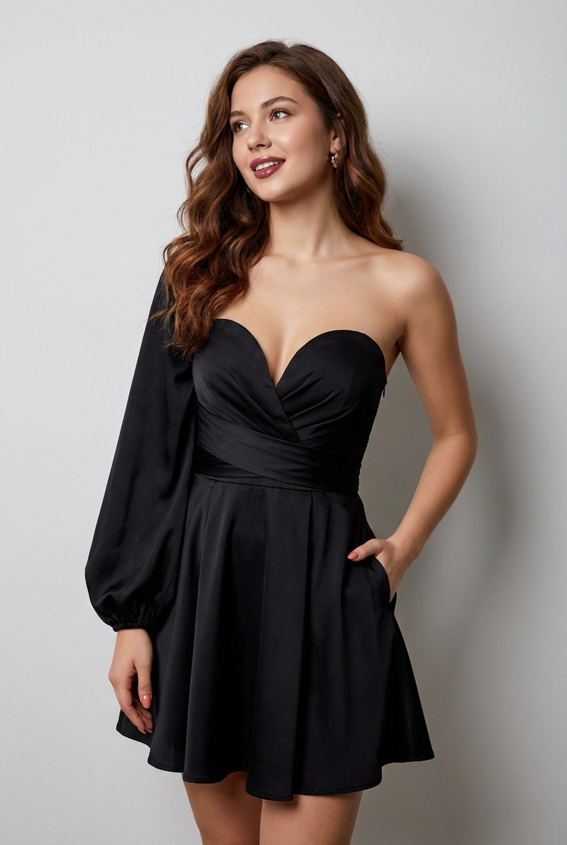 Elegant Strapless Black Dress Fashion Portrait (JSON)