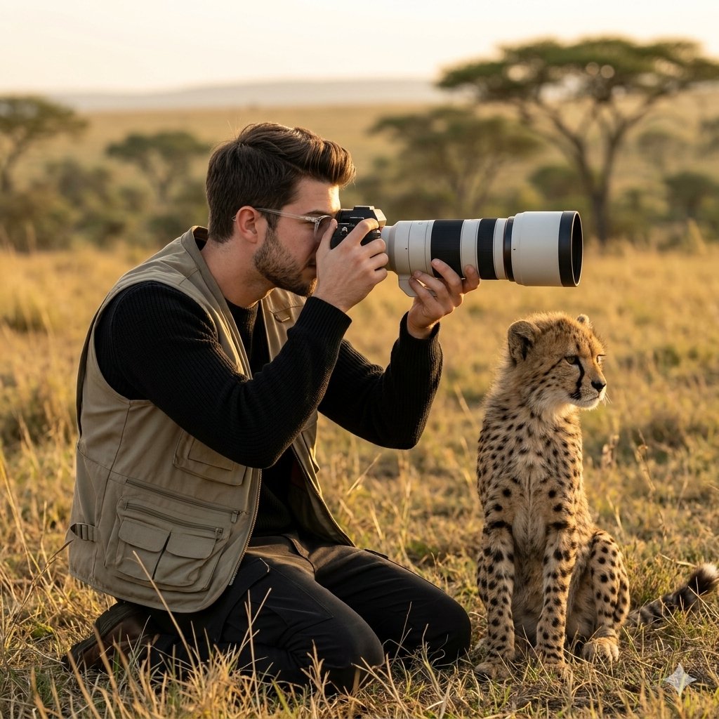 Wildlife Photographer with Cheetah Cub