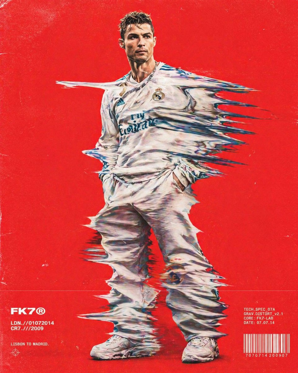 Hip-hop fashion model standing full-frame, clothing distorted into