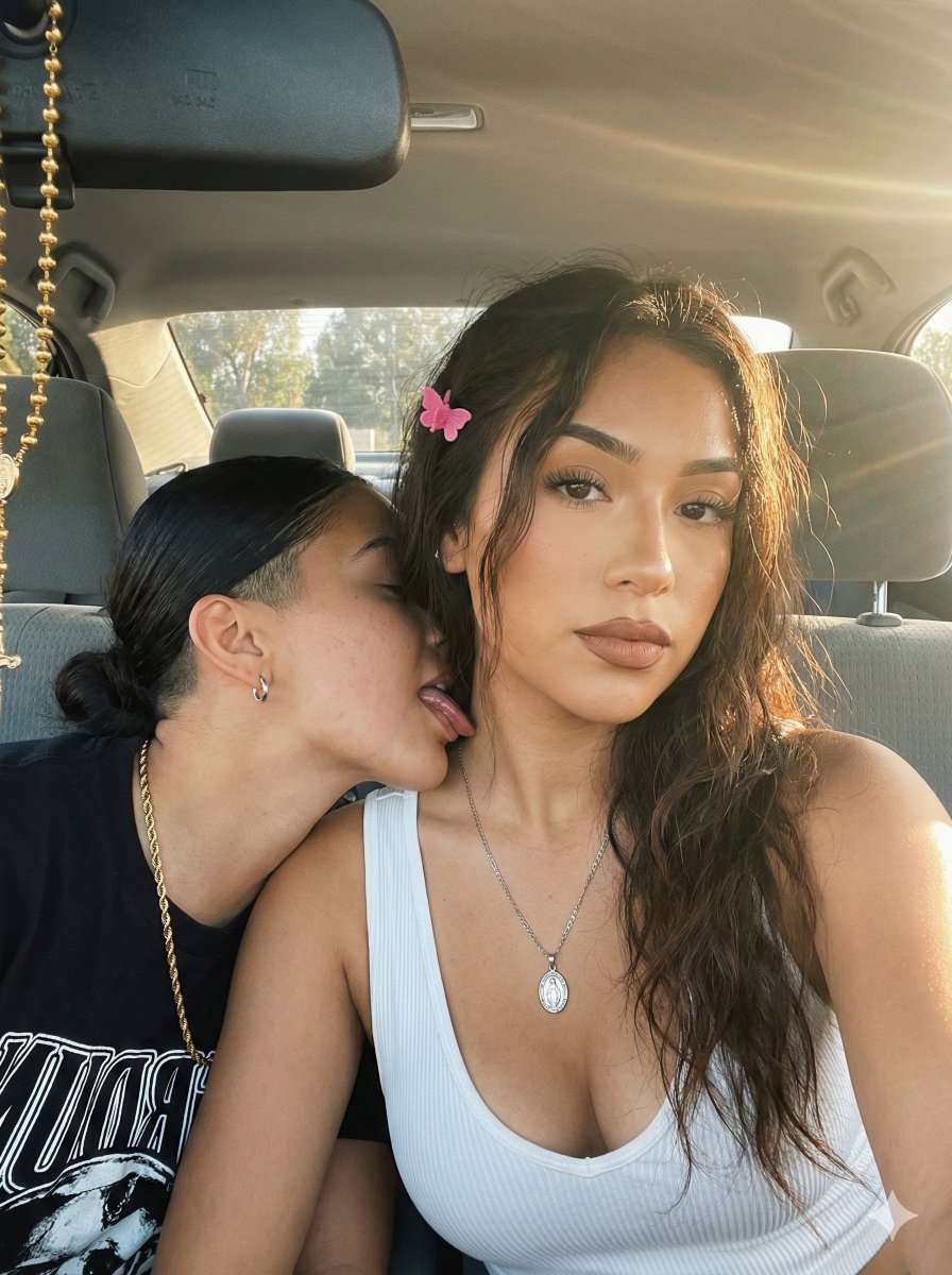 Intimate Car Selfie with Two Women and Golden Hour Lighting