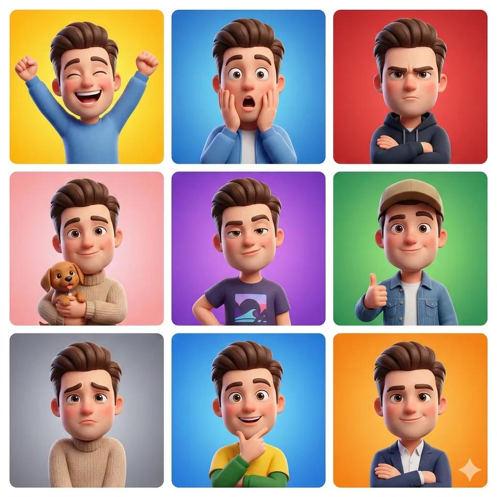 3D Cartoon Avatar Character Grid Prompt (Pixar Style)