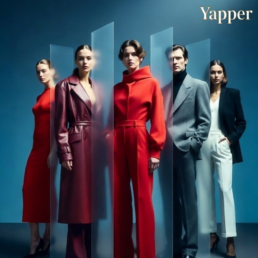 Cinematic Poster of Five Models with Vertical Panel Distortion